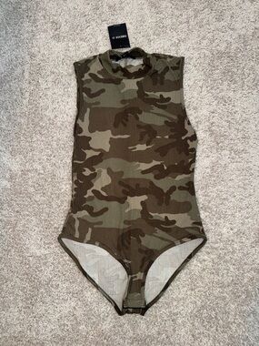 Forever 21 mock neck  Ribbed Camo One-Piece Bodysuit - Olive & Brown